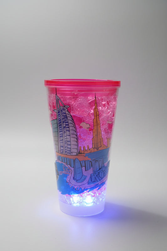 Dubai themed Pink LED Glitter Tumbler with Straw
