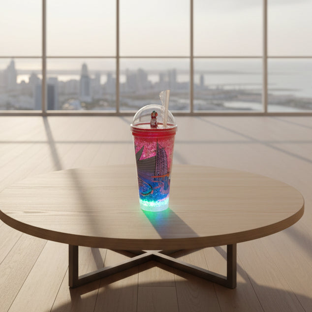 Dubai Themed Pink LED Glitter Tumbler with Straw