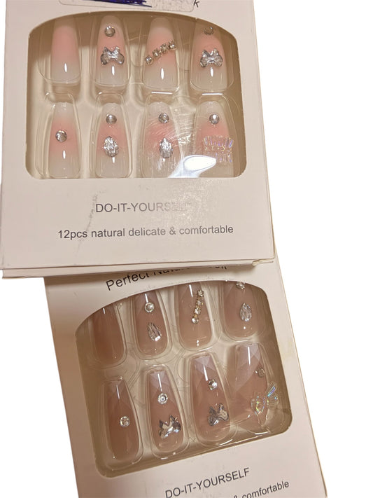 French Press on Nails Medium Coffin Shape, Fake Nails with Ombre Designs