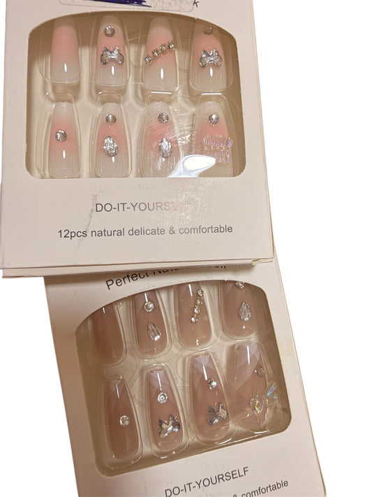 French Press on Nails Medium Coffin Shape, Fake Nails with Ombre Designs