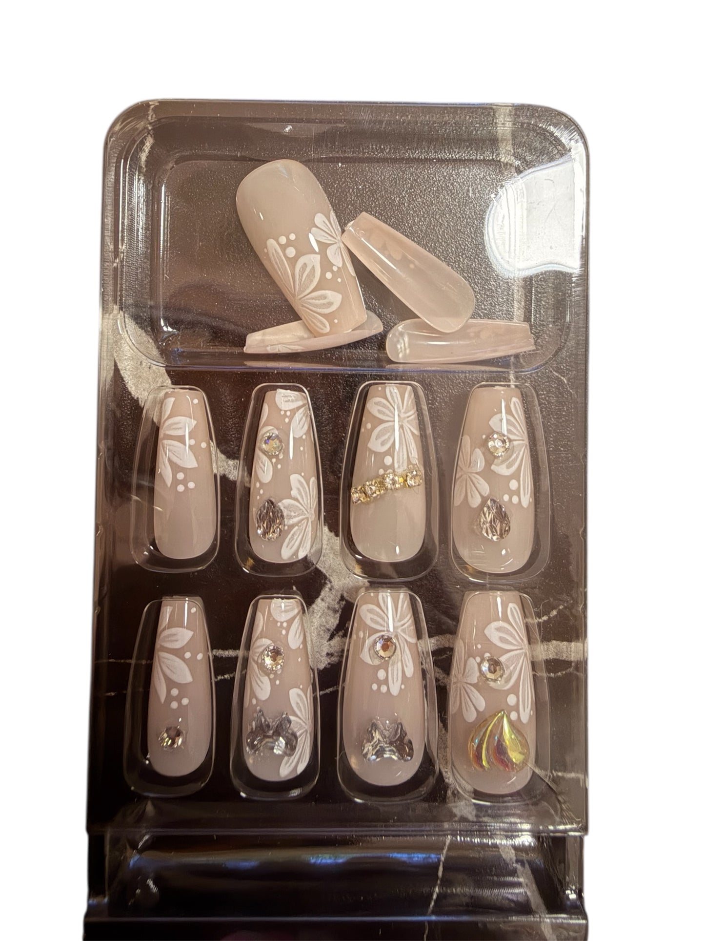 French Press on Nails Medium Coffin Shape, Fake Nails with Ombre Designs