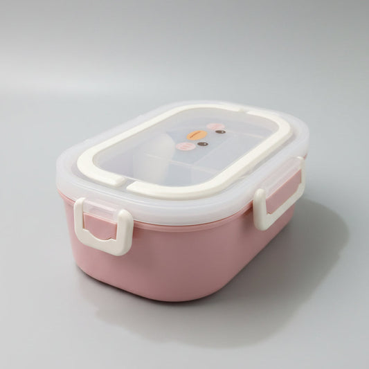 A pink plastic lunch box with a clear lid and white handle, placed on a white marble tabletop.