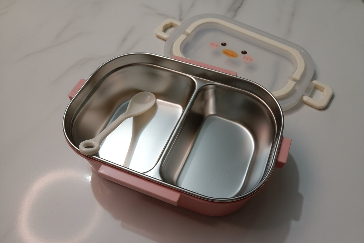 A stainless steel two-compartment lunch box in pink color body, shown open on a light marble-like surface. A white plastic spoon rests inside the left compartment, and a decorative lid with a cartoon face is partially visible behind it.