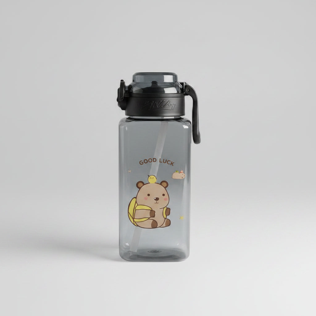Cute Bear Water Bottle with Straw & Flip Lock Lid