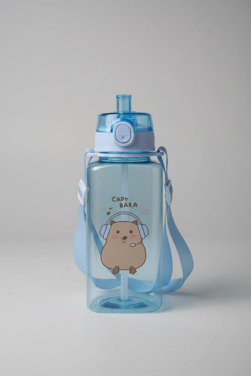 Cute Bear Water Bottle with Straw & Shoulder Strap