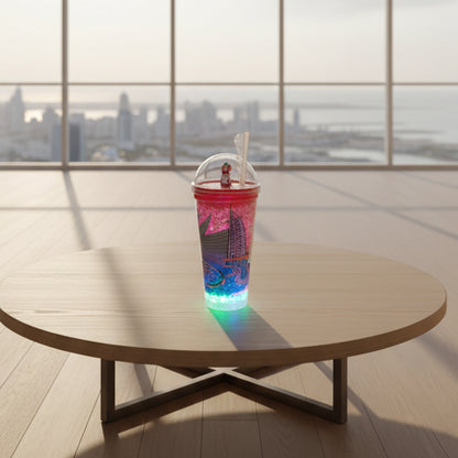 Dubai Themed Pink LED Glitter Tumbler with Straw