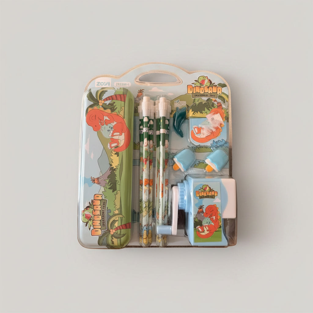 Premium Dinosaur Theme Stationery Gift Set for Kids – 6-Piece School Supplies Kit with Metal Pencil Case, Mechanical Rotary Sharpener, Pencils & Erasers