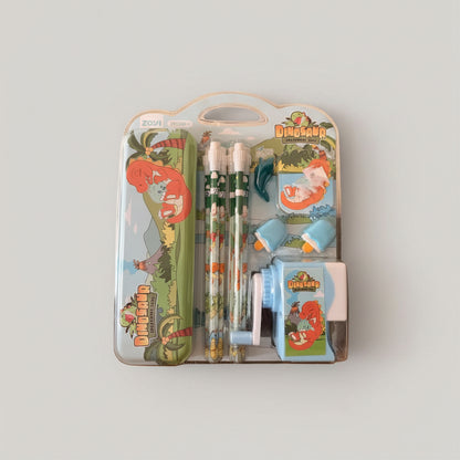 Premium Dinosaur Theme Stationery Gift Set for Kids – 6-Piece School Supplies Kit with Metal Pencil Case, Mechanical Rotary Sharpener, Pencils & Erasers