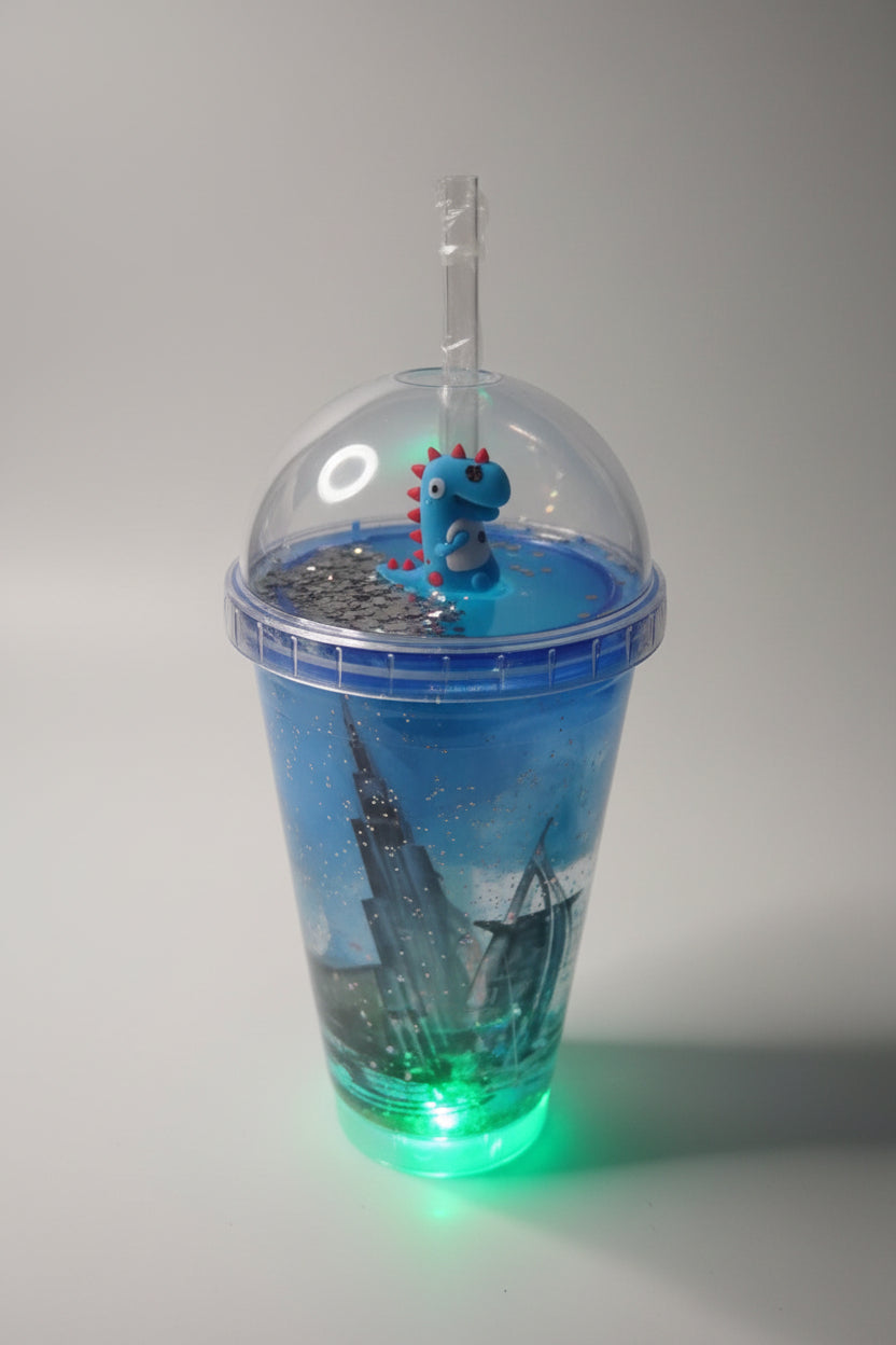 Dubai themed Blue Glitter Tumbler Cup with Straw & Cute Dinosaur – Double Wall Reusable Water Cup for Kids | 500ml