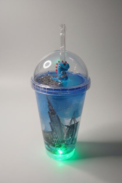 Dubai themed Blue Glitter Tumbler Cup with Straw & Cute Dinosaur – Double Wall Reusable Water Cup for Kids | 500ml