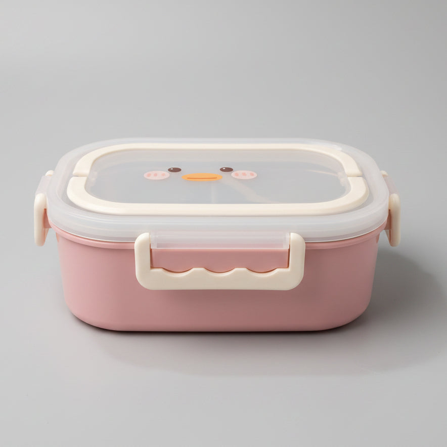 A pink plastic lunch box with a clear lid featuring a cute cartoon duck face, resting on a white marble-patterned surface.