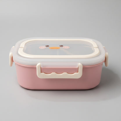 A pink plastic lunch box with a clear lid featuring a cute cartoon duck face, resting on a white marble-patterned surface.